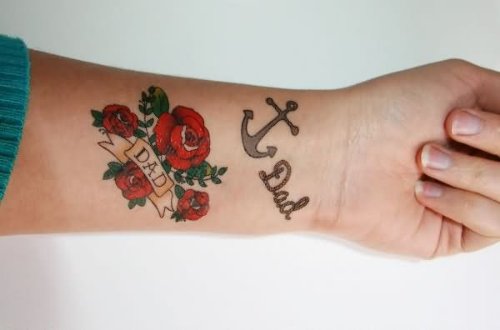 Red Rose Anchor and Dad Tattoo On Left Forearm