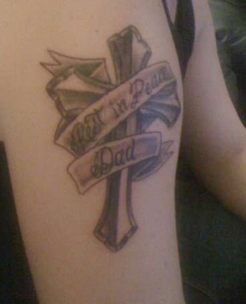Grey Ink Dad Cross Tattoo On Shoulder