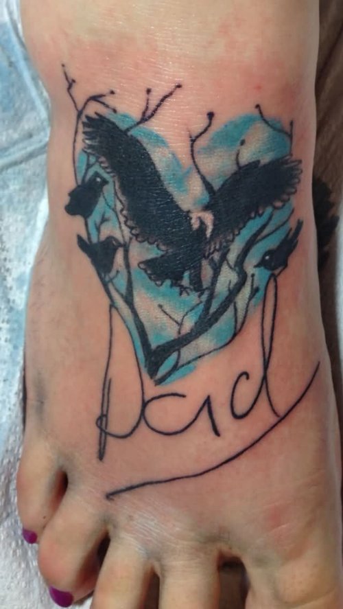 Flying Bird And Dad Tattoo On Right Foot
