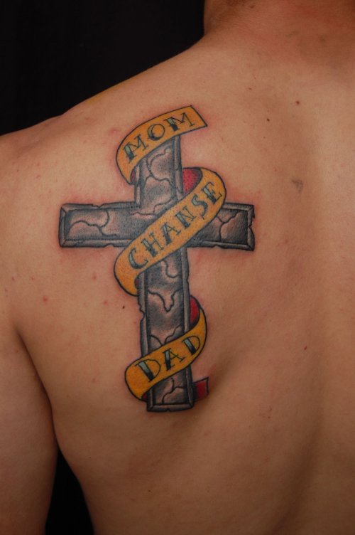 Left Back Shoulder Dad Memorial Cross Tattoo