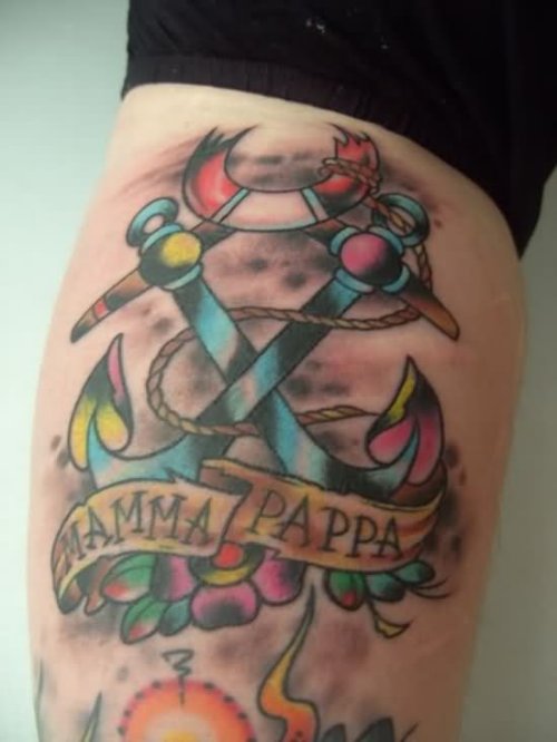 Anchors And Dad Tattoo On Back Leg