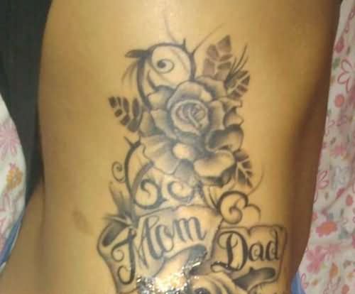 Grey Ink Bird And Dad Tattoo