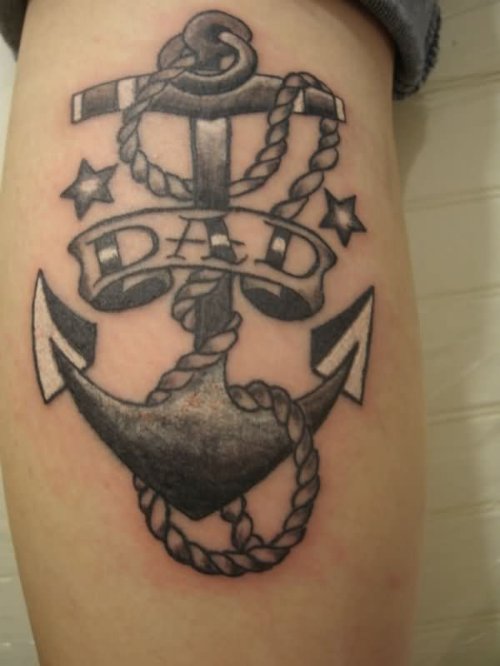 Beautiful Grey Ink Anchor And Dad Banner Tattoo