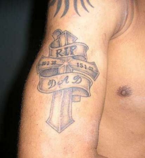 Grey Ink Dad Cross Tattoo On Right Bicep