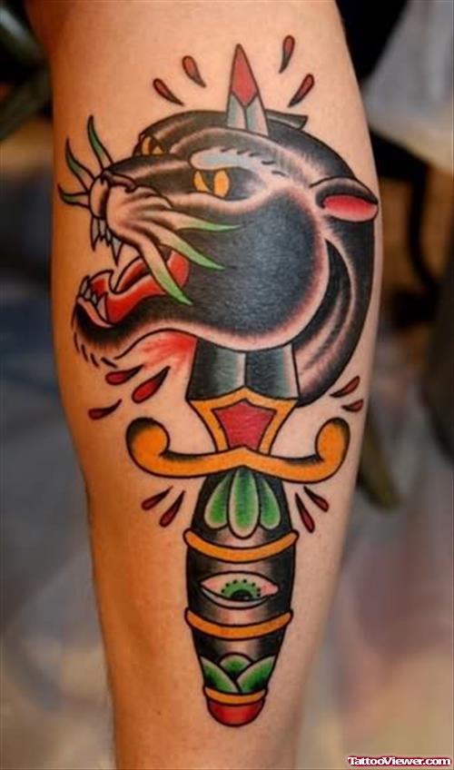 Panther Dagger Tattoo On Leg