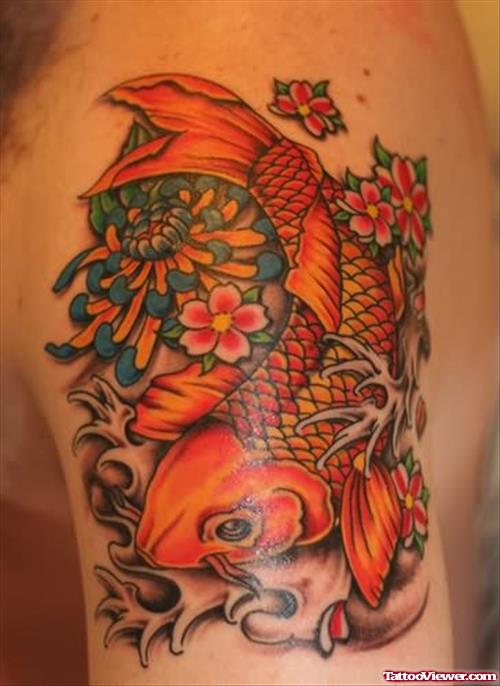 Koi Fish Dagger Tattoo On Shoulder