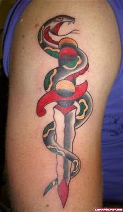 Snake Dagger Tattoo On Shoulder