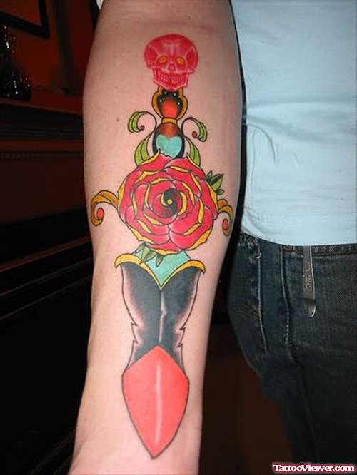 Dagger Colourful Tattoo On Arm