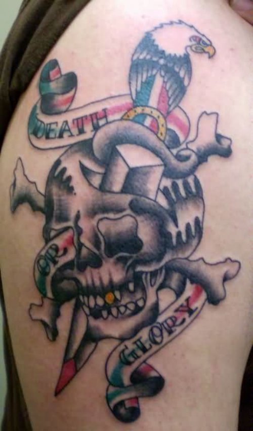 Grey Ink Danger Skull With Dagger Tattoo