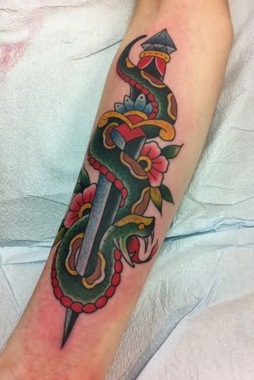 Color Flowers Snake And Dagger Tattoo On Arm Sleeve