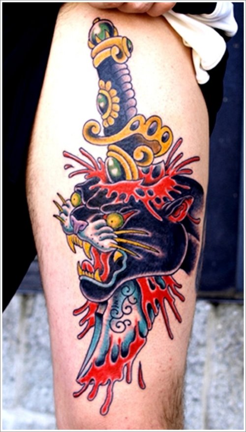 Panther With Dagger Tattoo On Leg