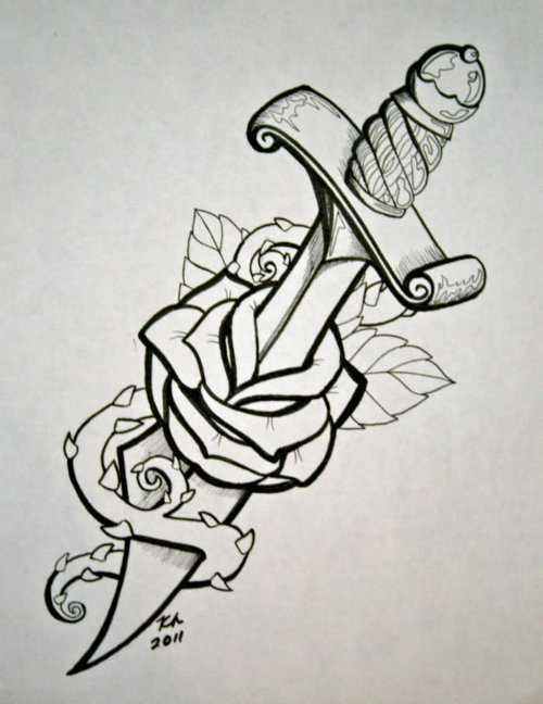 Attractive Dagger With Rose Tattoo Design
