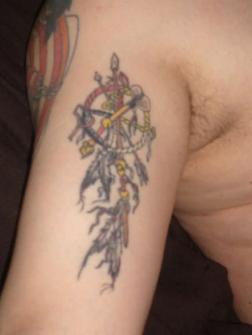 Dream Catcher With Dagger Tattoo On Half Sleeve