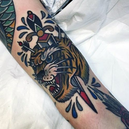 Dagger In Tiger Head Tattoo On Arm Sleeve