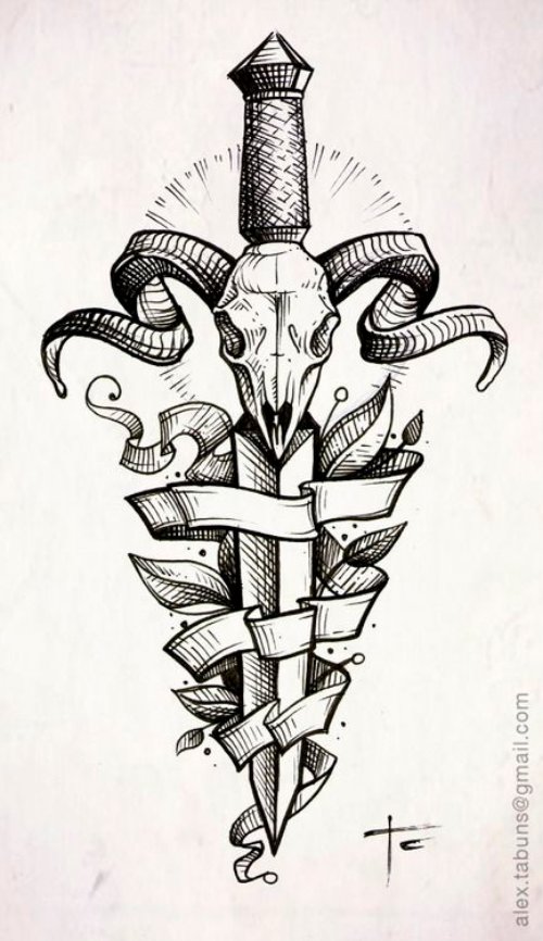 Animal Skull With Dagger Tattoo Design