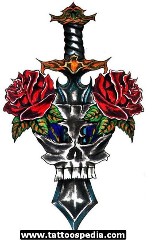 Red Roses And Dagger Tattoo Design