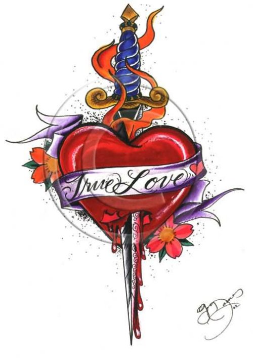 Red Heart And Dagger Tattoo Design