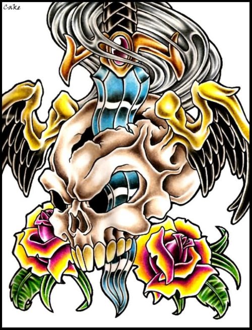 Color Rose Flowers And Winged Skull Dagger Tattoo Design