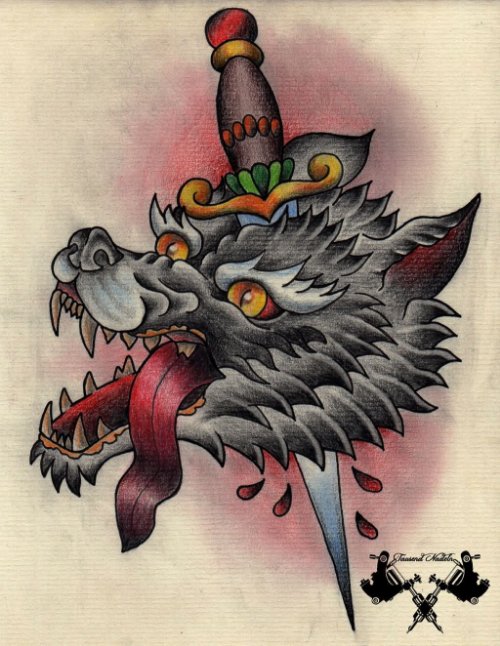 Wolf Head And Dagger Tattoo Design