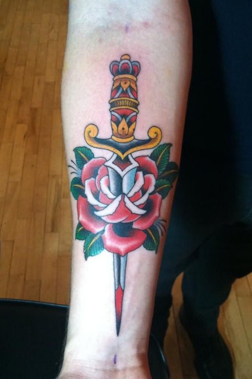 Red Rose Flower And Dagger Tattoo On Right Forearm