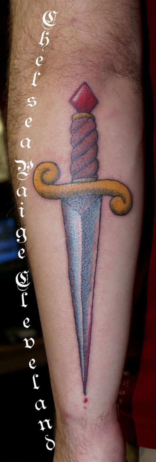 Color Ink Dagger Tattoo On Sleeve