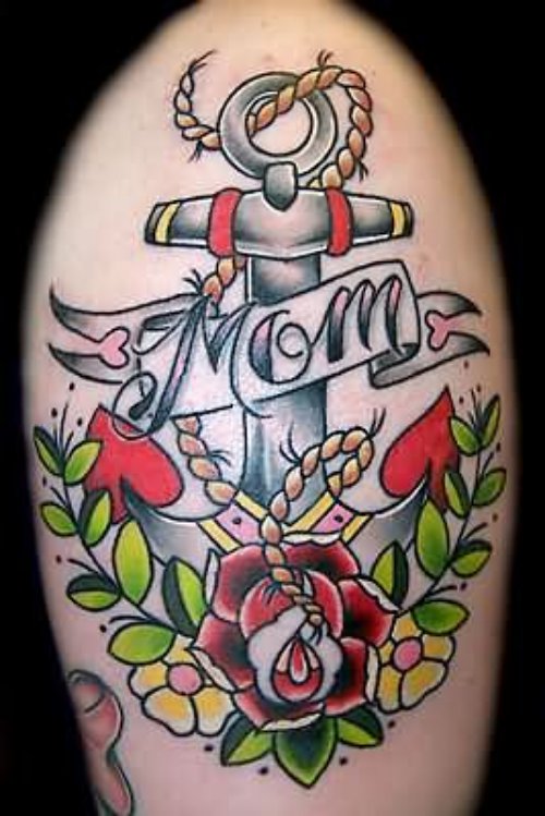 Anchor With Mom Banner And Dagger Tattoo Design