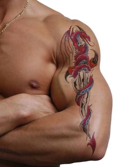 Colorful Dagger Tattoo On Man Left Sleeve