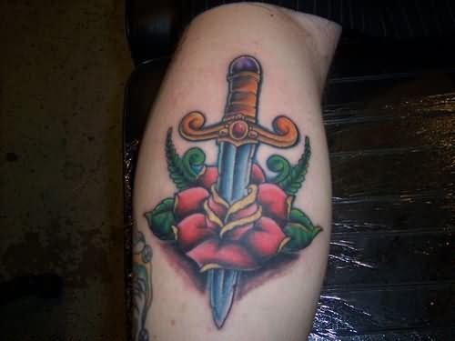 Red Rose Flower and Dagger Tattoo On Back Leg