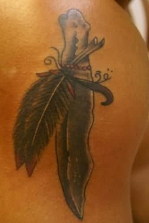 Feather And Dagger Tattoo On Back Shoulder