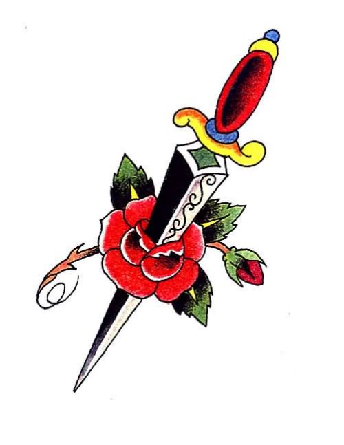 Attractive Red Rose And Dagger Tattoo Design