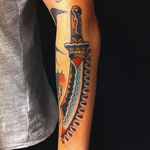 Arabic Dagger Tattoo On Left Sleeve