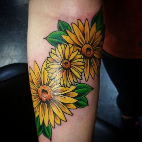 Yellow Daisy Flowers Tattoos On Arm Sleeve