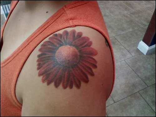 Left Shoulder Red Daisy Flower Tattoo