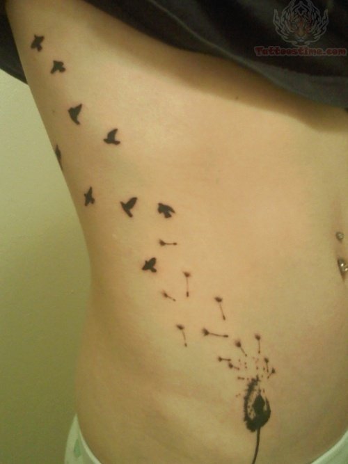 Dandelion Puff And Birds Tattoo On Side Rib
