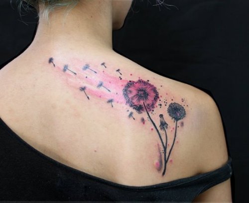 Pink Color Dandelion Flowers Tattoo On Back