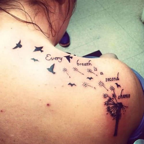 Flying Birds From Dandelion And Text Tattoo