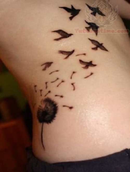 Dandelion Blow And Flying Birds Tattoo On Side Back