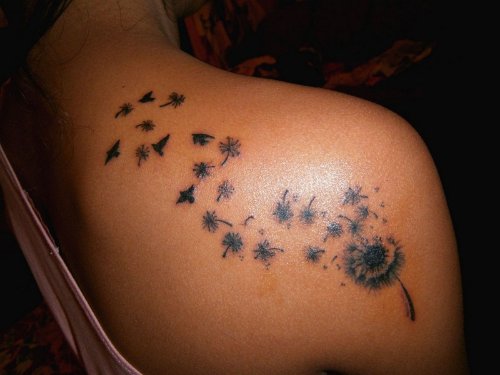 Black Ink Dandelion And Birds Tattoo On Shoulder