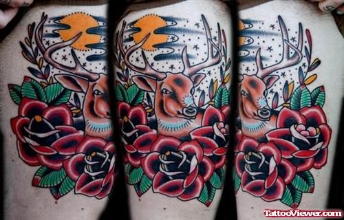 Traditional Deer and Roses Tattoo
