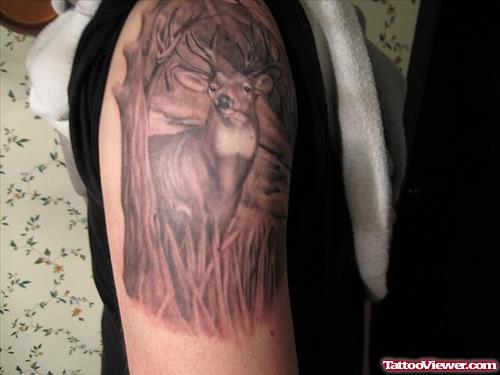 Deer In Forest Tattoo On Shoulder