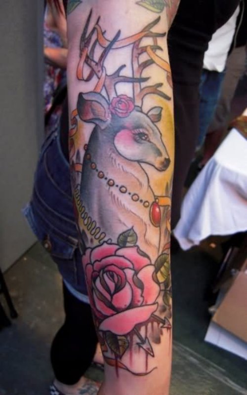 Flower And Awesome Deer Tattoo