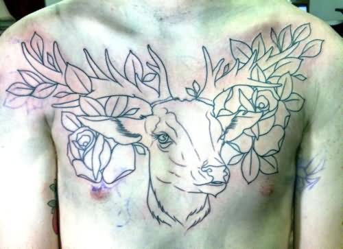 Deer And Flowers Tattoo Outline