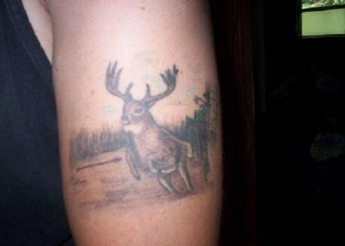 Grey Ink Running Deer Tattoo On Half Sleeve