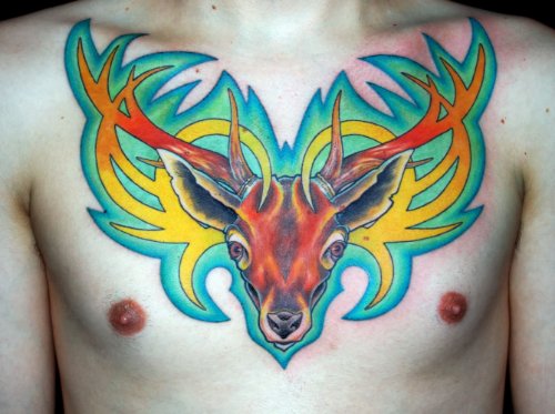 Colourful Deer Tattoo On Chest