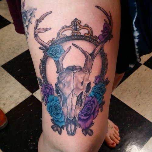 Roses And Deer Skull Tattoo On Thigh