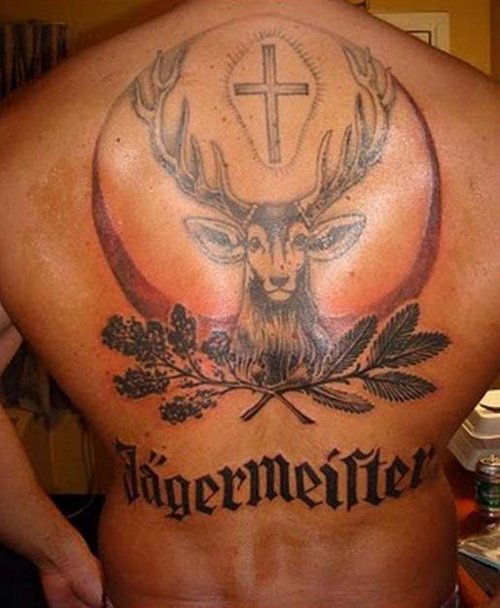 Cross And Deer Tattoo On Full Back