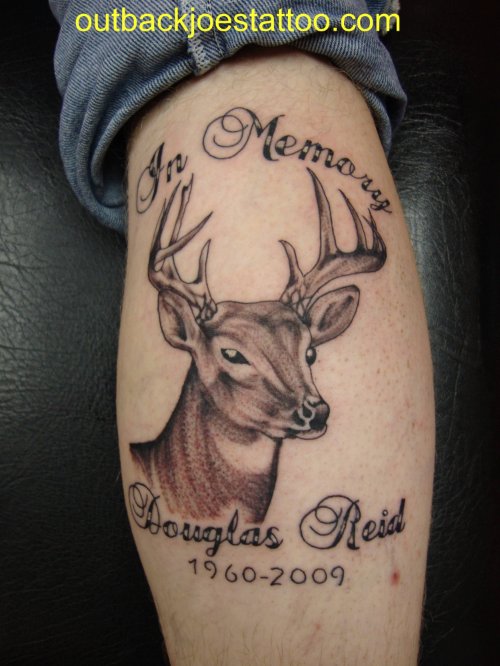 Memorial Grey Ink Deer Tattoo On Leg Calf