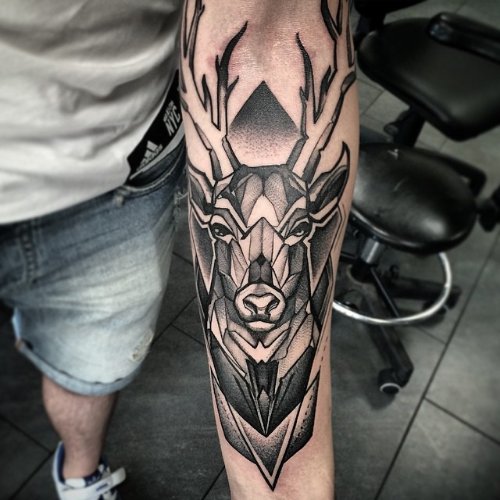 Dotwork Deer Head Tattoo On Left Forearm
