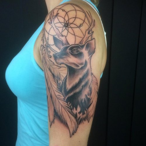 Dreamcatcher And Deer Head Tattoo On Left Half Sleeve