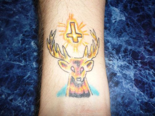 Yellow Ink Deer Head Tattoo
